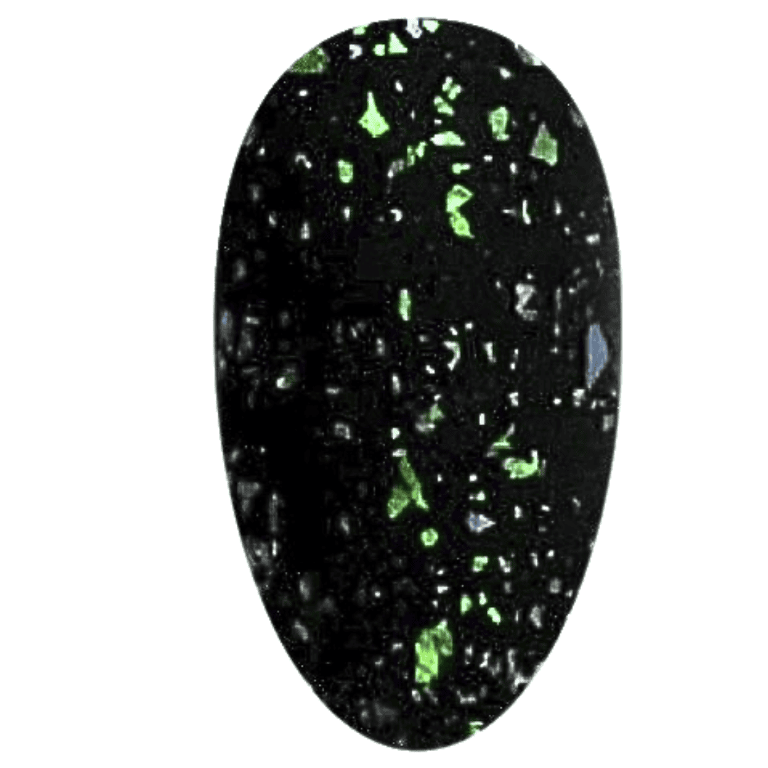 A digital illustration of a nail polish swatch that features a matte black finish embellished with green glitter specks. The swatch is oval in shape and exhibits a smooth, non-reflective surface contrasted by the bright, shining flecks of green, creating a visual effect akin to a constellation on a dark night sky.