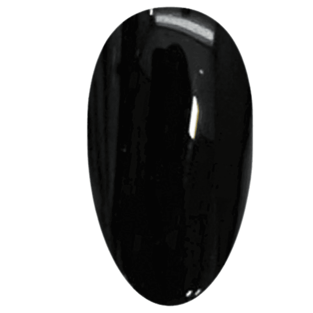 A digital illustration of a nail polish swatch with a deep, glossy black finish. The swatch is oval-shaped and exhibits a highly reflective, mirror-like surface, capturing light and emphasizing the sleek, glass-like effect of the top gel.