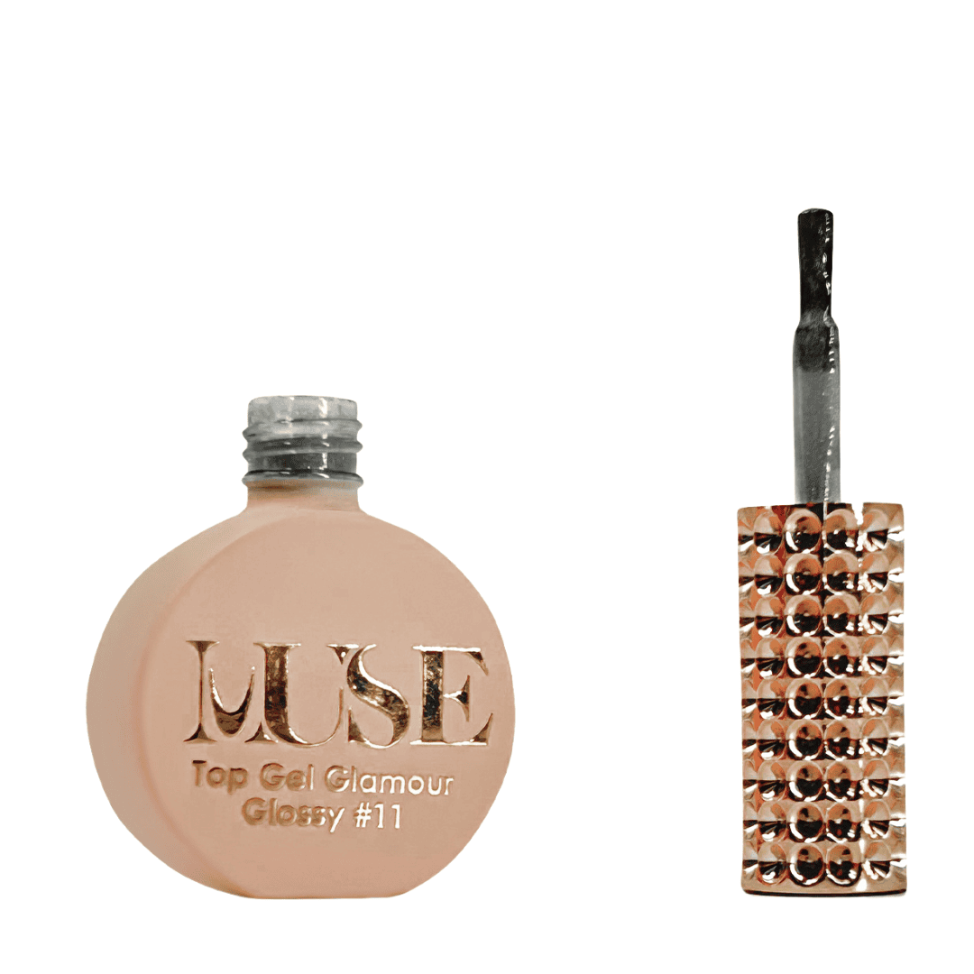 a bottle of "MUSE Top Gel Glamour Glossy #11" nail polish, which appears to be a clear top coat given the transparent appearance of the liquid visible in the open bottle. The bottle has a beige and gold label, and the cap shows signs of use with possible glitter residue, indicating it might be used for sealing glitter nail designs.