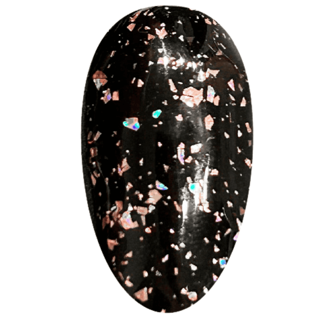 a swatch of black nail polish with multicolored glitter flakes, presented on a nail-shaped display. The black base of the polish provides a stark contrast to the bright and reflective pieces of glitter, creating a sparkling effect ideal for dramatic nail art designs.
