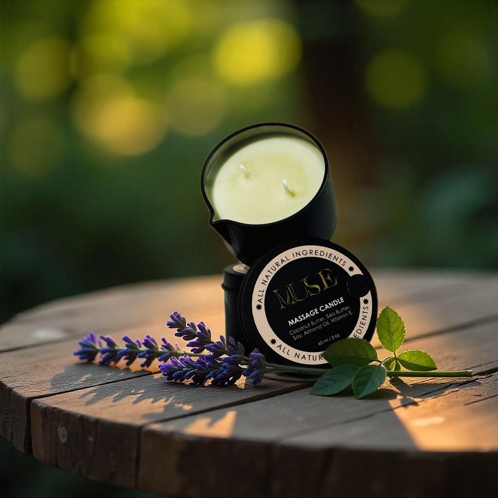 Muse Invincible massage candle with teakwood and green leaf notes