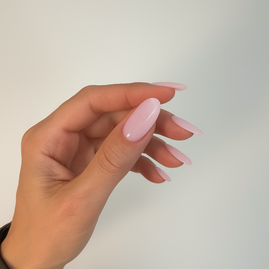 A delicate, light baby pink with a soft semi-transparent finish. Perfect for creating clean natural nails, baby-boomer bases, French overlays, and soft-glam manicures. This shade adds a healthy blush tone to the nail bed while maintaining a natural look.