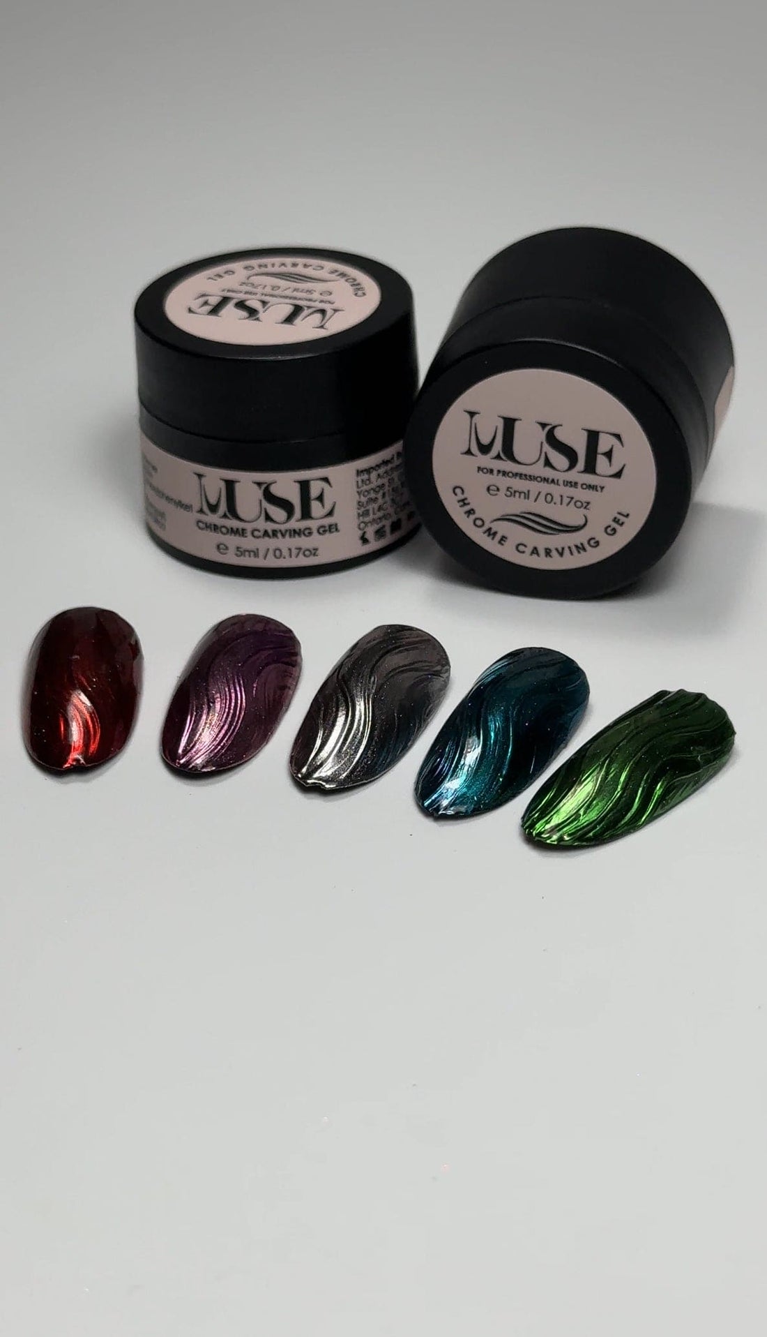 Close-up of elegant 3D swirl nail designs created with Muse Chrome Carving Gel