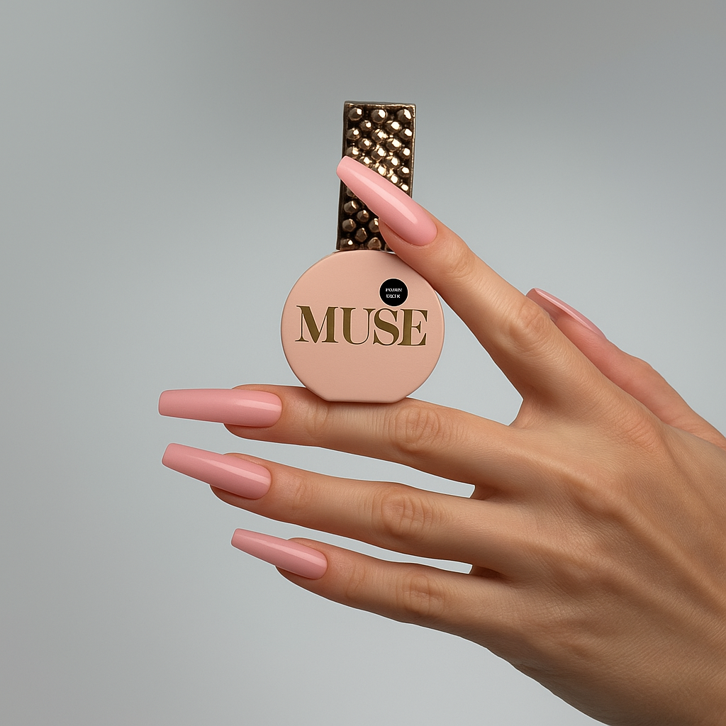 Hand holding a Muse product with a plain background, gel polish , nude pink 