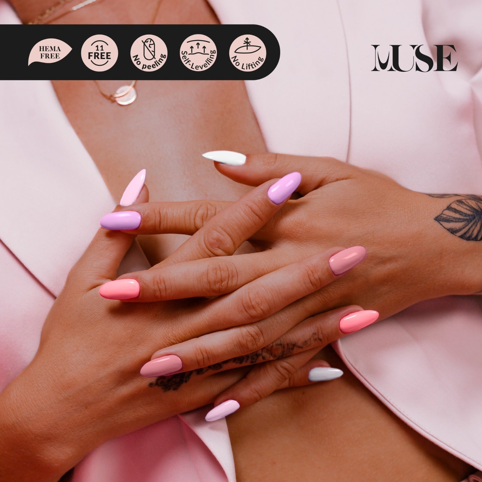 The image displays hands with pink and white stiletto nails, with icons highlighting the polish's health and quality features, and the MUSE logo.