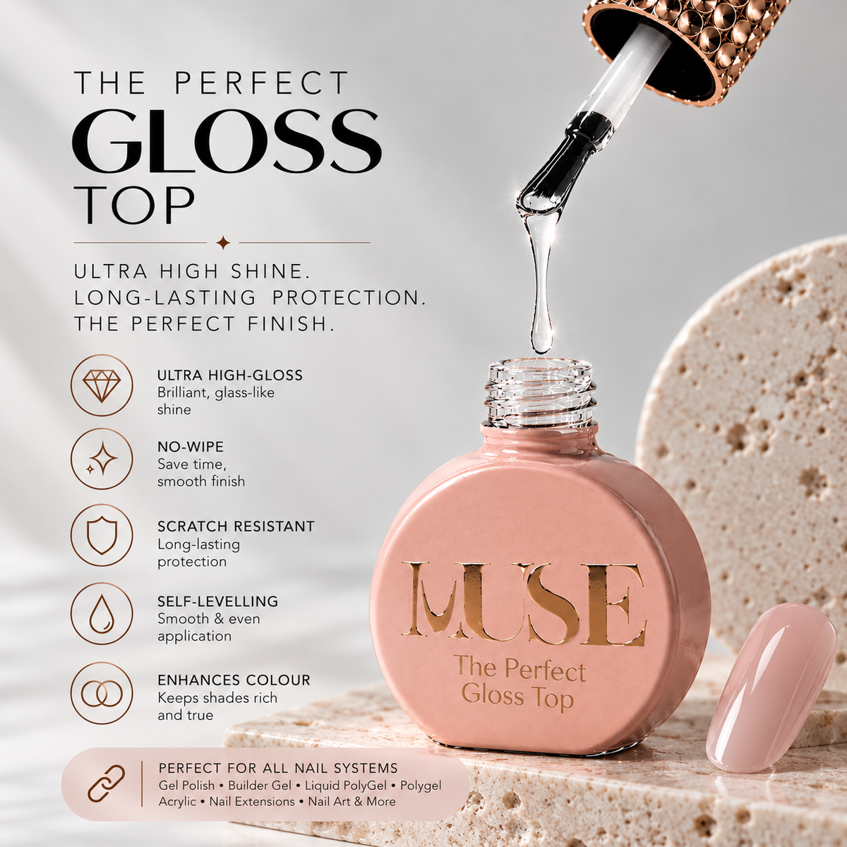 Muse The Perfect Gloss Top professional no-wipe high-shine gel top coat for glossy manicures