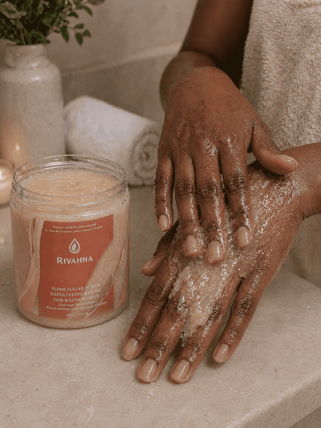 Peach Glow slime sugar scrub exfoliating body scrub being applied on skin glowing results